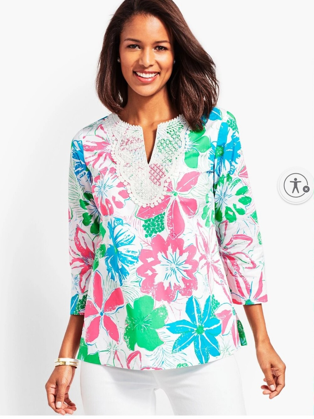 Talbots White Floral Lace-Trim Tunic with Pink, Blue & Green Blooms